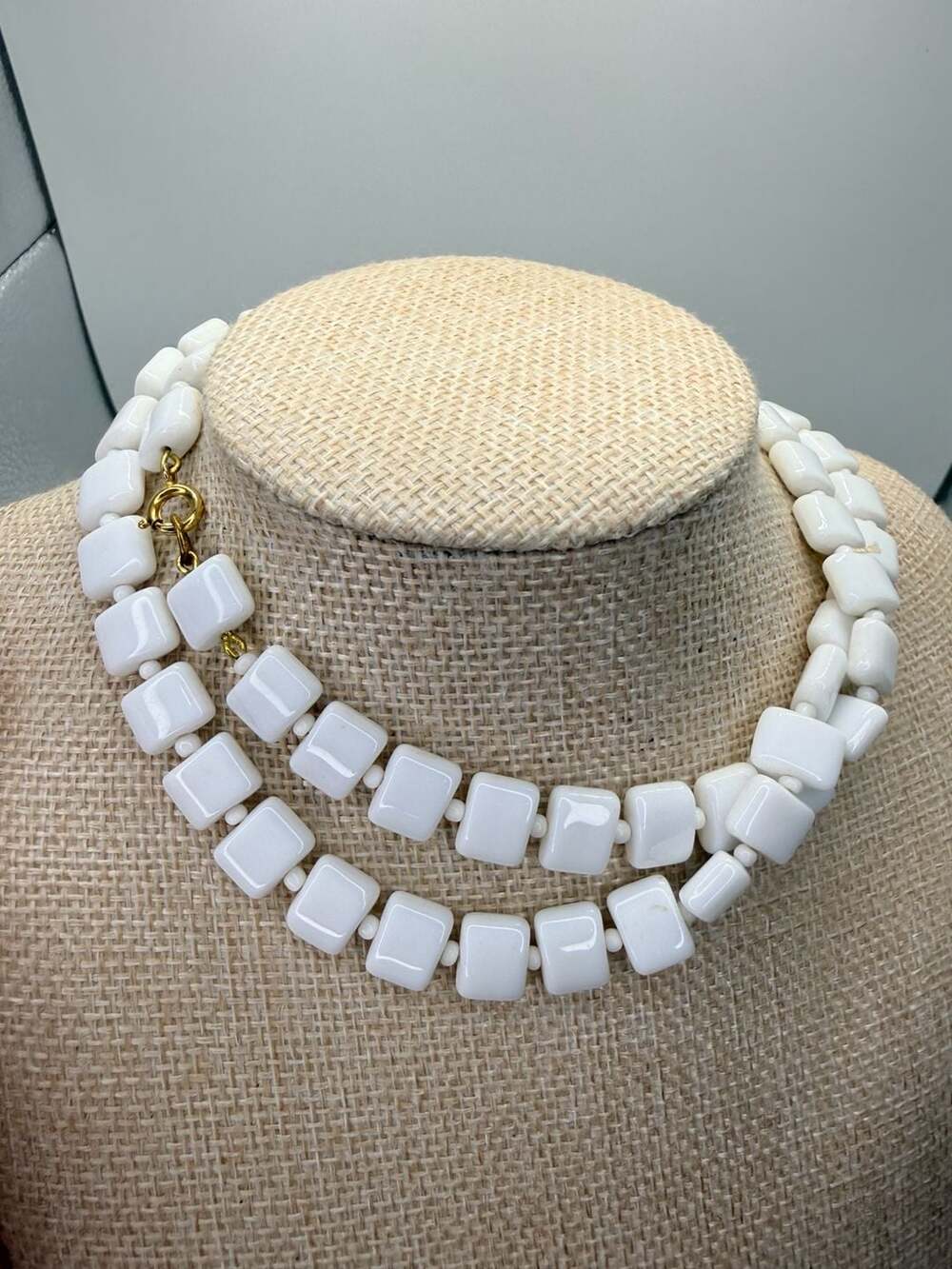 Vintage Milk Glass Square Bead Necklace 24 Inch White